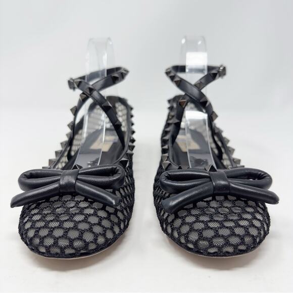 Valentino Rockstud Black Mesh Bow Ballet Flats Size 38.5 - Picture 4 of 13